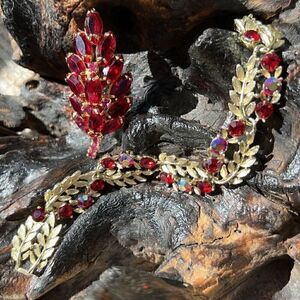 Vintage Lisner Red Aurora Borealis Bracelet + Cluster Marquise Rhinestone Brooch